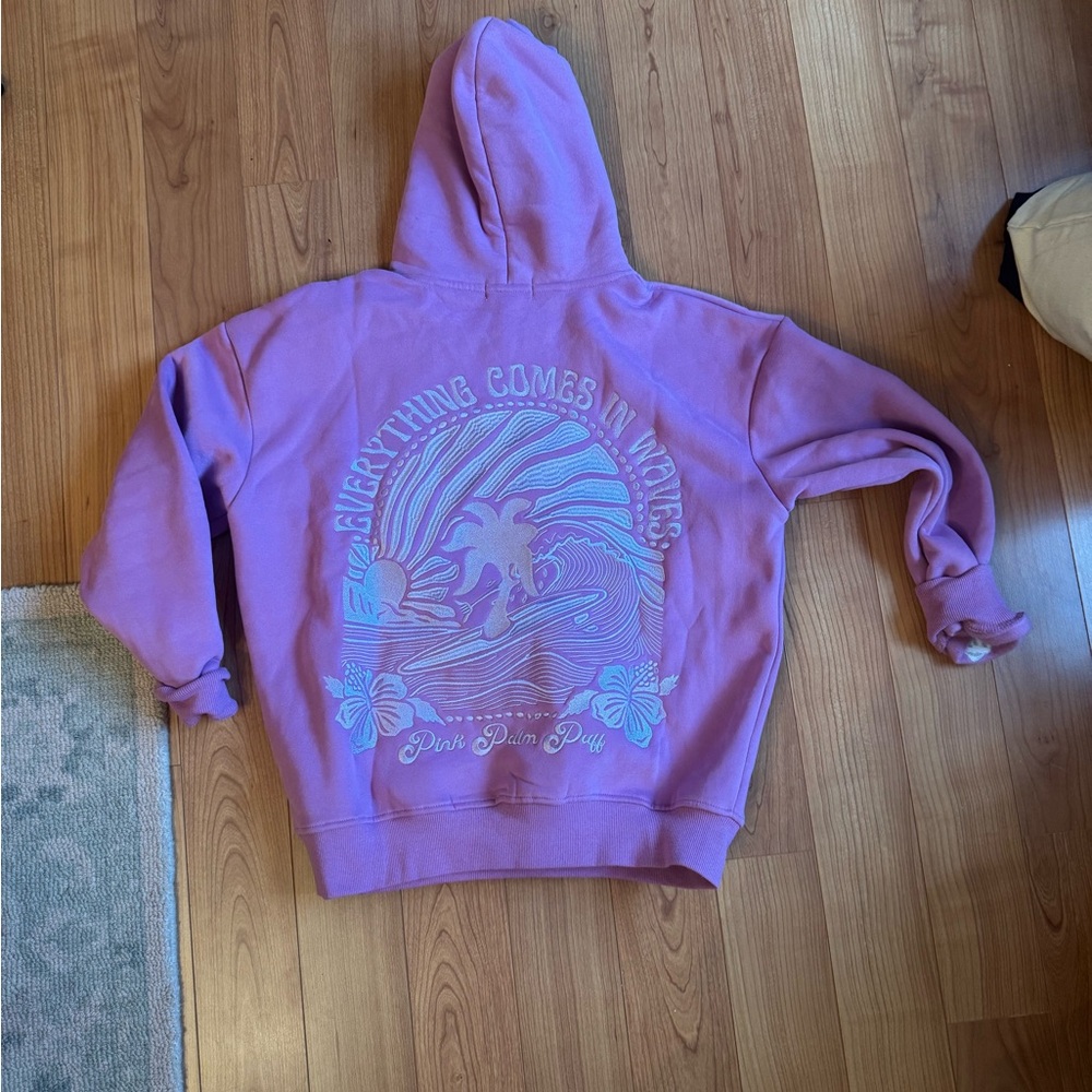 "Everything Comes in Waves" Hoodie in Pink - PINK PALM PUFF - Picture 5 of 7
